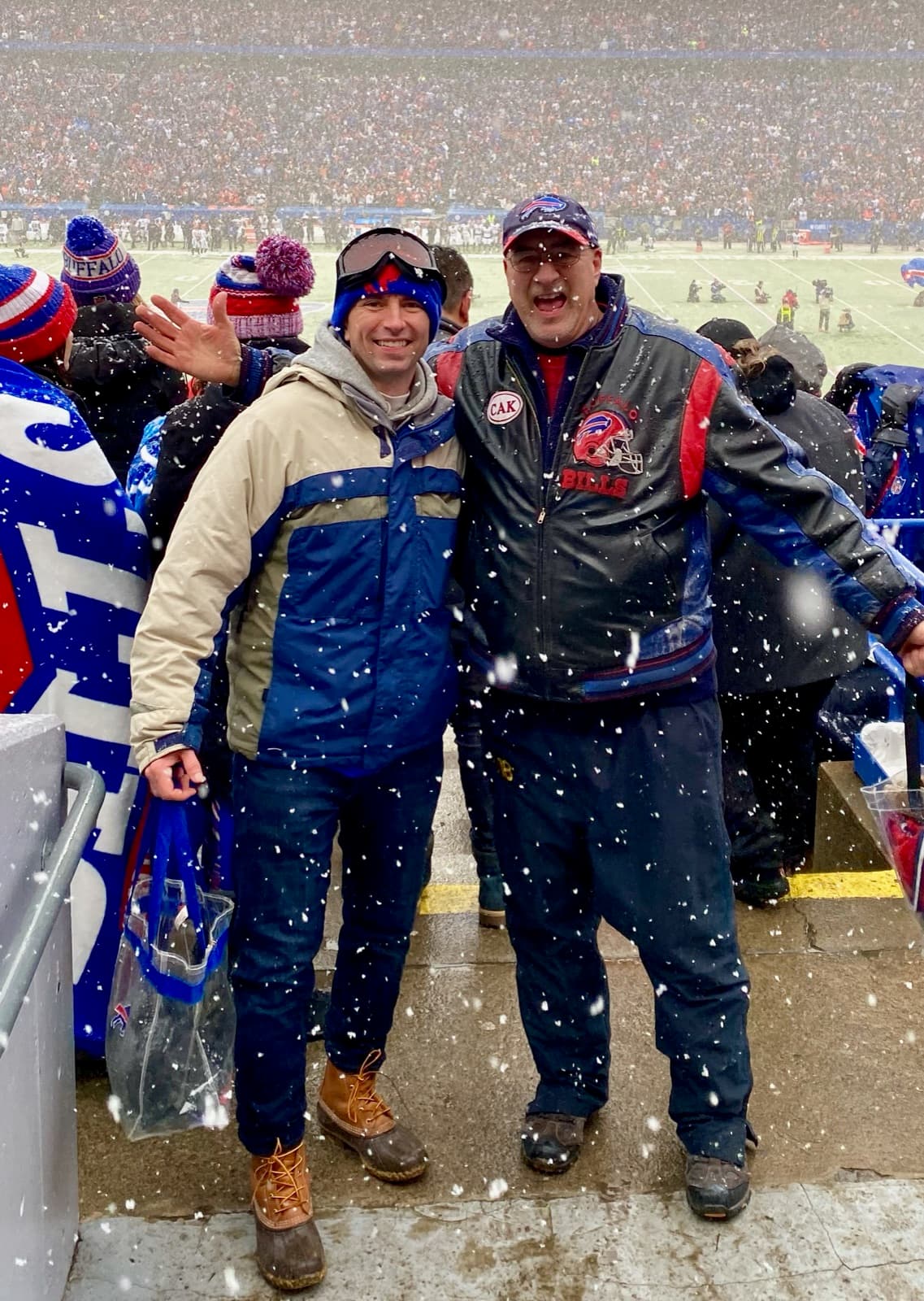 Brett in the stands at Highmark Stadium during a snowy Bills game